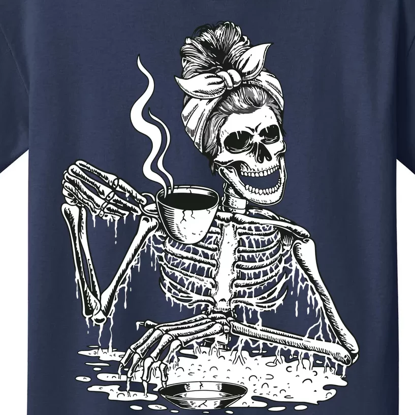 Messy Bun Women Skeleton Drinking Coffee Halloween Skeleton Sweat Kids T-Shirt