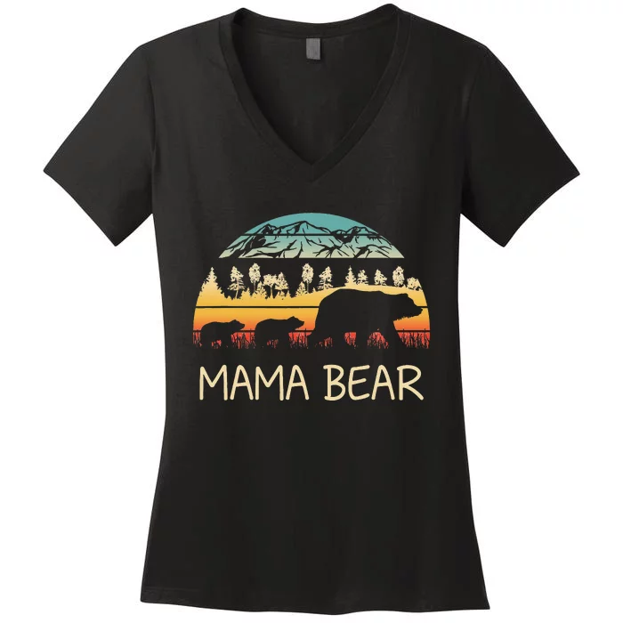 Mama Bear With 2 Cubs Mountains Women's V-Neck T-Shirt