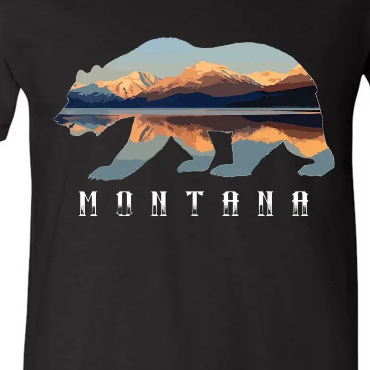 Montana Bear With Glacier National Park Lake Image Souvenir V-Neck T-Shirt