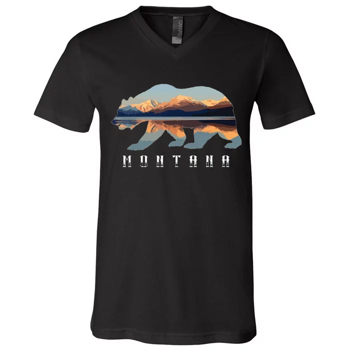 Montana Bear With Glacier National Park Lake Image Souvenir V-Neck T-Shirt