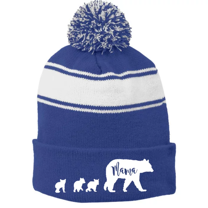 Mama Bear With 3 Three Cubs Mom Mother Fun Gift Stripe Pom Pom Beanie