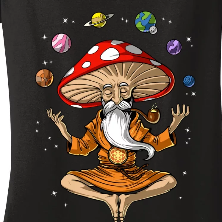 Mushroom Buddha Zen Yoga Meditation Psychedelic Hippie Fungi Women's V-Neck T-Shirt