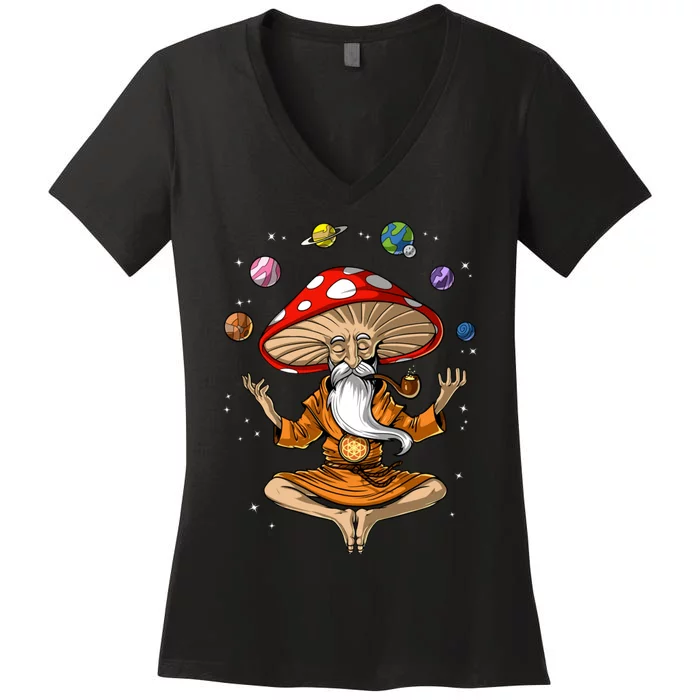 Mushroom Buddha Zen Yoga Meditation Psychedelic Hippie Fungi Women's V-Neck T-Shirt