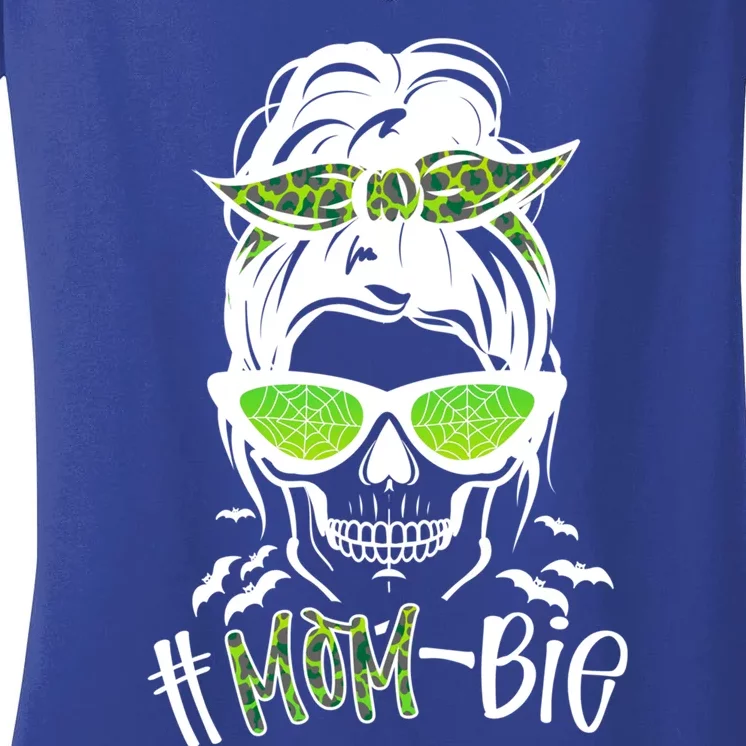 Messy Bun Zombie Mom Funny Halloween Costume Skull Funny Gift Women's V-Neck T-Shirt