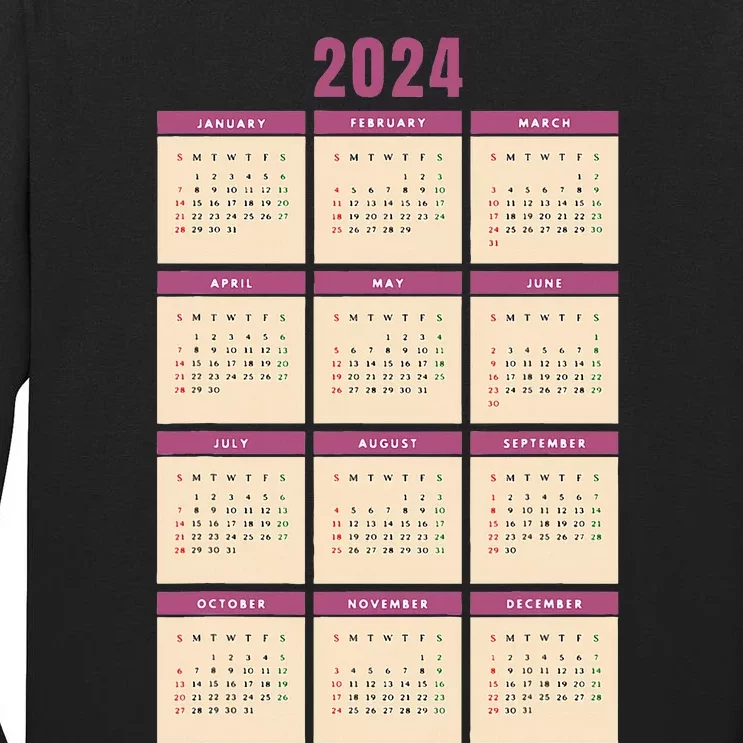 Monthly Calendar 2024 Happy New Year Kids Funny Tall Long Sleeve T-Shirt