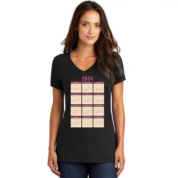 Monthly Calendar 2024 Happy New Year Kids Funny Women's V-Neck T-Shirt