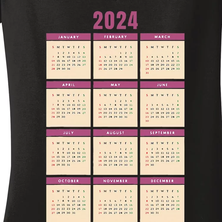 Monthly Calendar 2024 Happy New Year Kids Funny Women's V-Neck T-Shirt