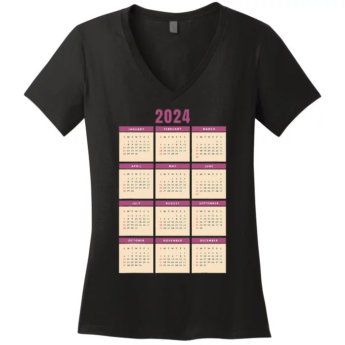 Monthly Calendar 2024 Happy New Year Kids Funny Women's V-Neck T-Shirt