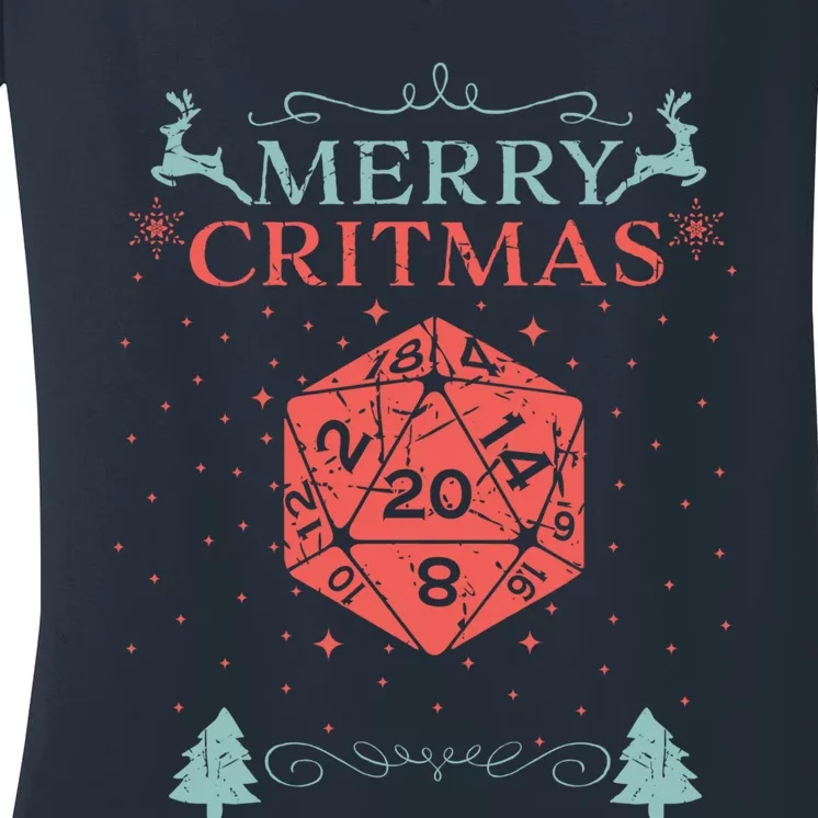 Merry Critmas 20 Sided Dice RPG Christmas Holiday Board Game Women's V-Neck T-Shirt