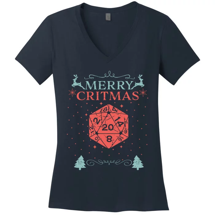 Merry Critmas 20 Sided Dice RPG Christmas Holiday Board Game Women's V-Neck T-Shirt