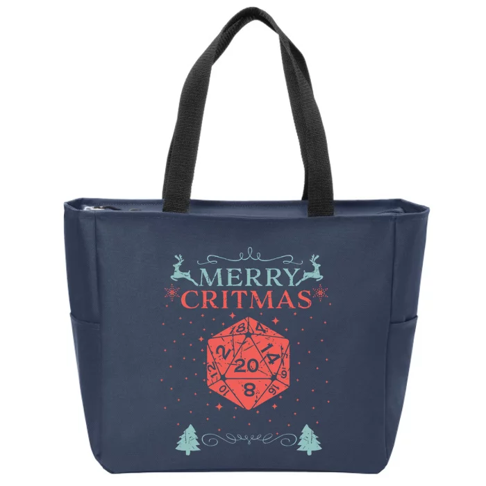 Merry Critmas 20 Sided Dice RPG Christmas Holiday Board Game Zip Tote Bag