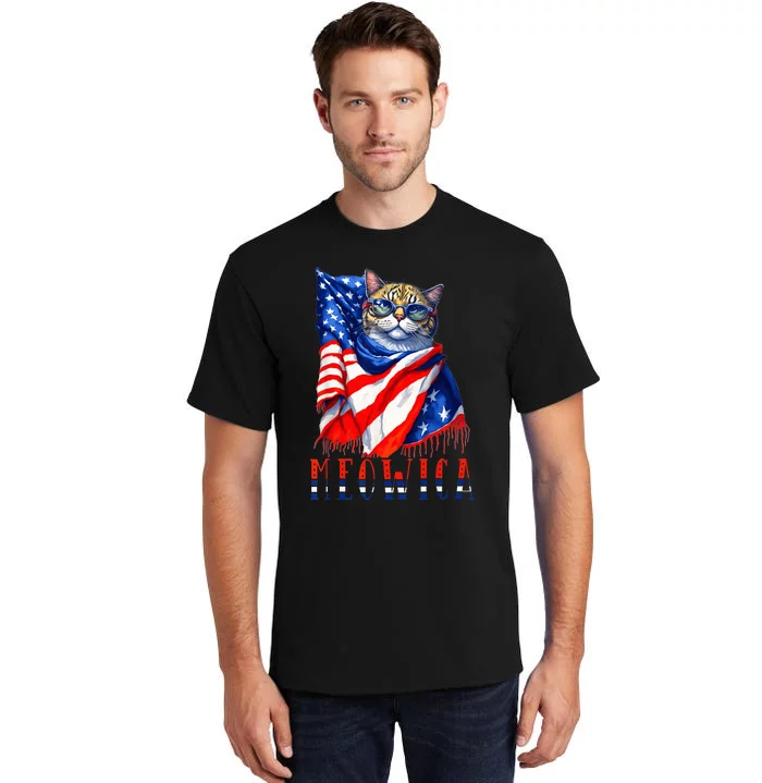 MEOWICA Cat 4th July Sunglasses Merica Cat American Flag Tall T-Shirt