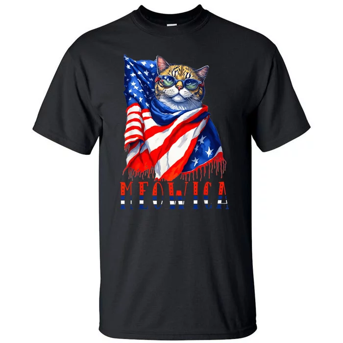 MEOWICA Cat 4th July Sunglasses Merica Cat American Flag Tall T-Shirt