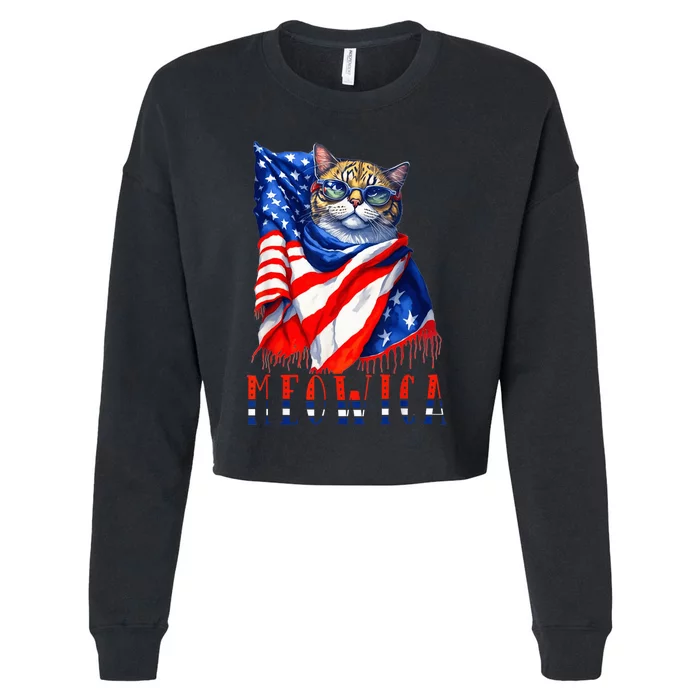 MEOWICA Cat 4th July Sunglasses Merica Cat American Flag Cropped Pullover Crew