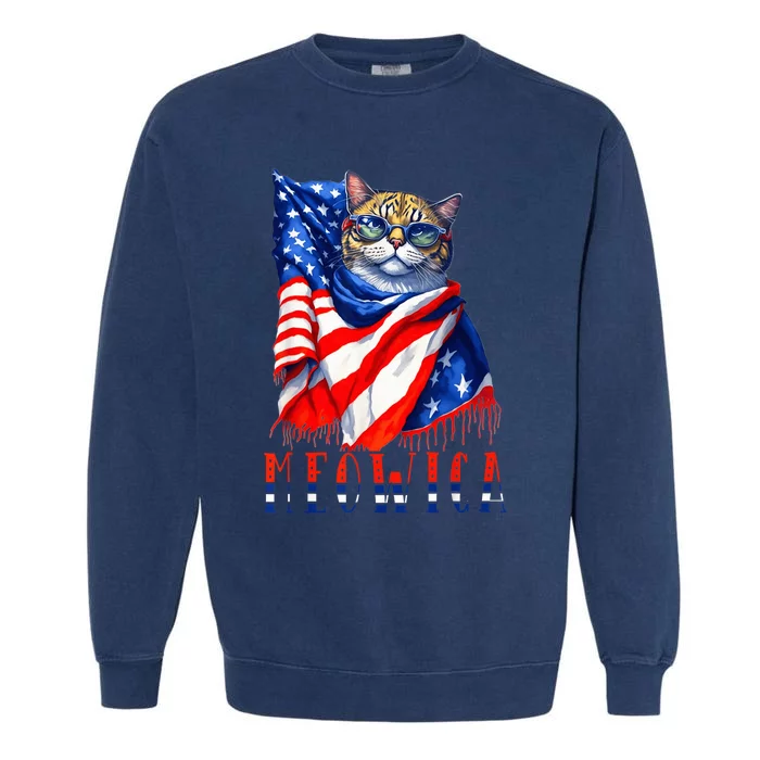 MEOWICA Cat 4th July Sunglasses Merica Cat American Flag Garment-Dyed Sweatshirt