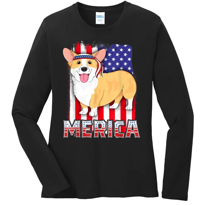 Merica Corgi 4th Of July Family Women Dog American Flag Ladies Long Sleeve Shirt