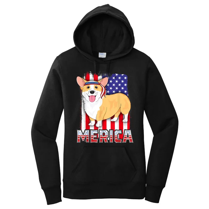 Merica Corgi 4th Of July Family Women Dog American Flag Women's Pullover Hoodie