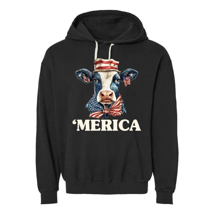 Merica Cow 4th Of July American Flag Garment-Dyed Fleece Hoodie