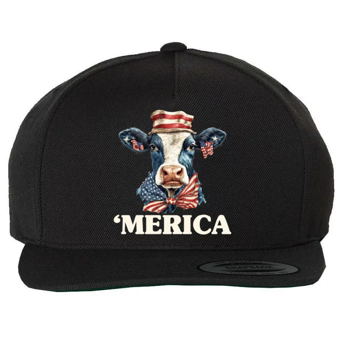 Merica Cow 4th Of July American Flag Wool Snapback Cap