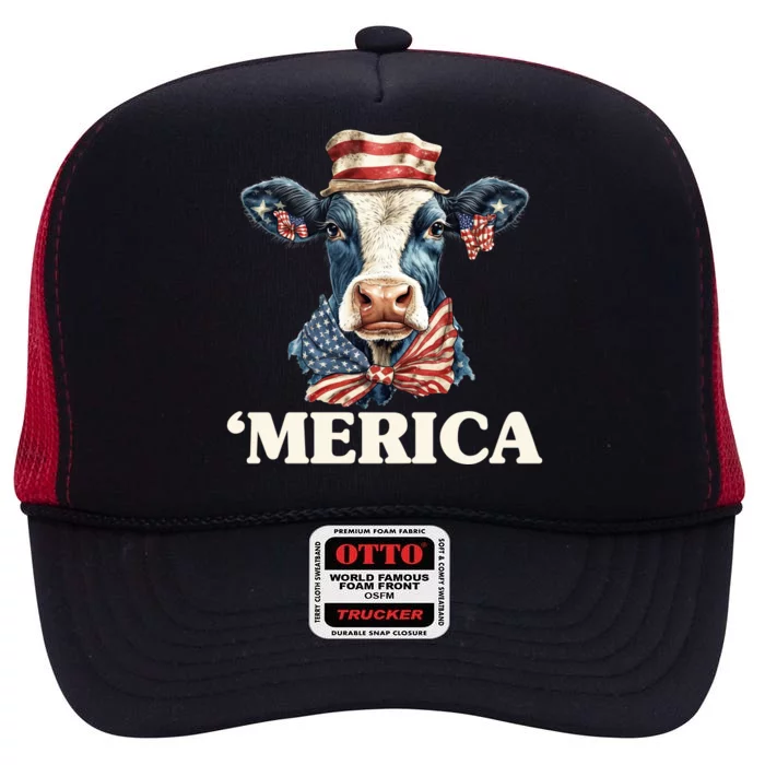 Merica Cow 4th Of July American Flag High Crown Mesh Trucker Hat