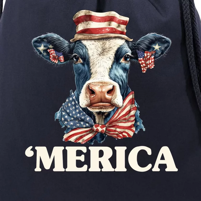 Merica Cow 4th Of July American Flag Drawstring Bag