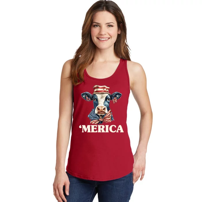 Merica Cow 4th Of July American Flag Ladies Essential Tank