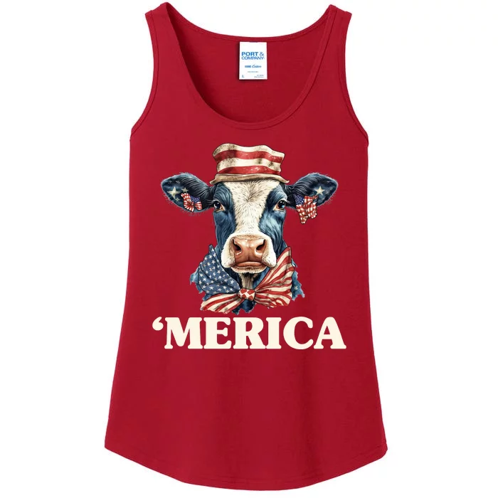 Merica Cow 4th Of July American Flag Ladies Essential Tank