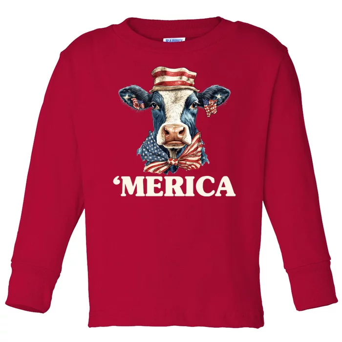 Merica Cow 4th Of July American Flag Toddler Long Sleeve Shirt