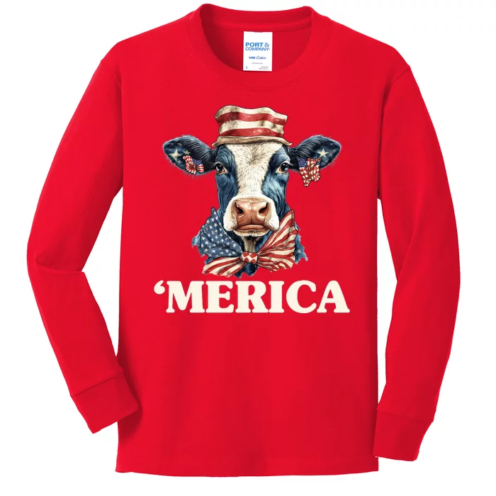 Merica Cow 4th Of July American Flag Kids Long Sleeve Shirt