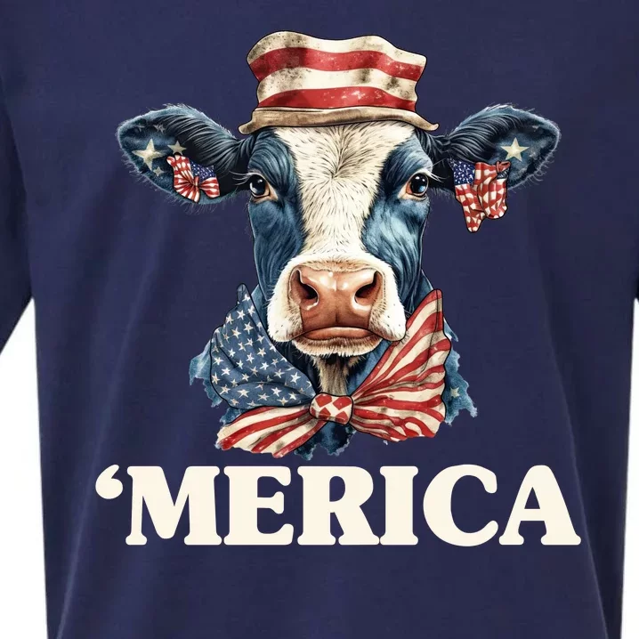 Merica Cow 4th Of July American Flag Sueded Cloud Jersey T-Shirt