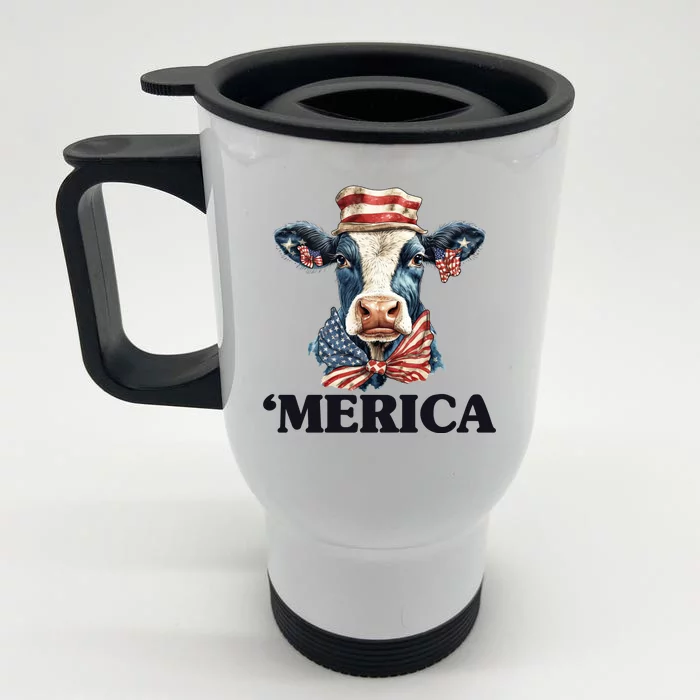 Merica Cow 4th Of July American Flag Front & Back Stainless Steel Travel Mug