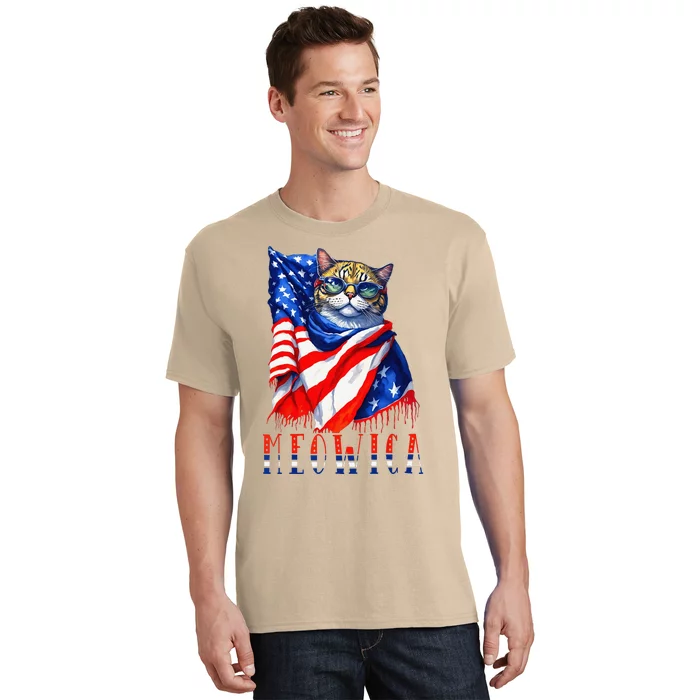 MEOWICA Cat 4th July Sunglasses Merica Cat American Flag Funny T-Shirt