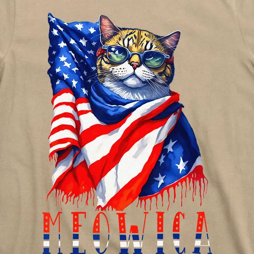 MEOWICA Cat 4th July Sunglasses Merica Cat American Flag Funny T-Shirt