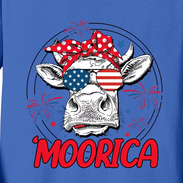 Moorica Cow 4th Of July American Flag Fireworks Patriotic Funny Gift Kids Long Sleeve Shirt