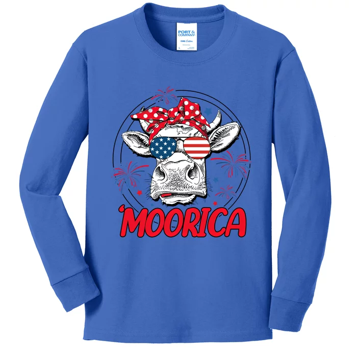 Moorica Cow 4th Of July American Flag Fireworks Patriotic Funny Gift Kids Long Sleeve Shirt