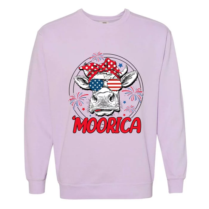 Moorica Cow 4th Of July American Flag Fireworks Patriotic Funny Gift Garment-Dyed Sweatshirt