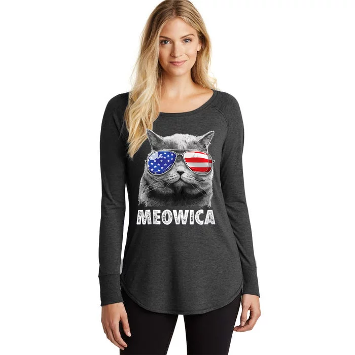 Meowica Cat 4th Of July Merica Usa American Flag Women's Perfect Tri Tunic Long Sleeve Shirt