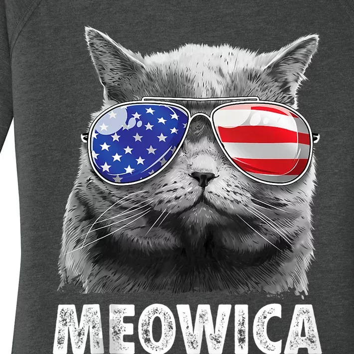 Meowica Cat 4th Of July Merica Usa American Flag Women's Perfect Tri Tunic Long Sleeve Shirt