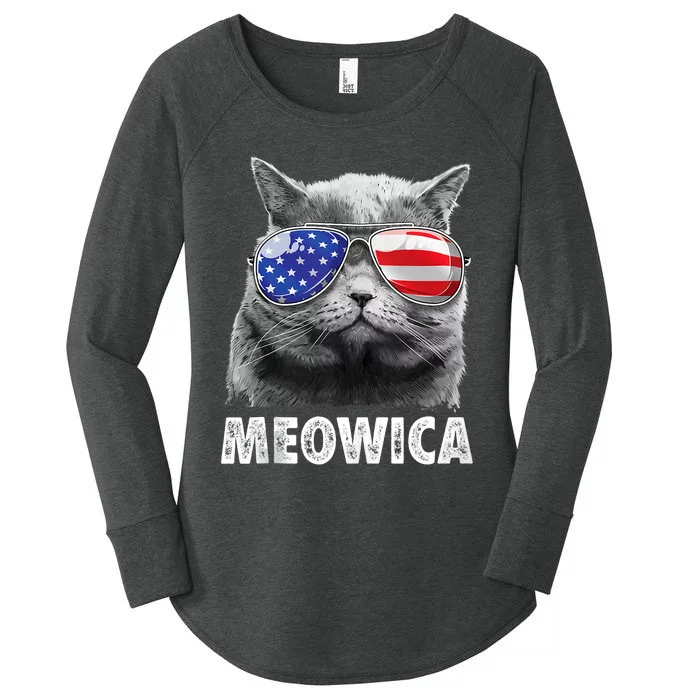 Meowica Cat 4th Of July Merica Usa American Flag Women's Perfect Tri Tunic Long Sleeve Shirt