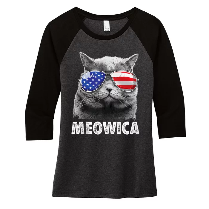 Meowica Cat 4th Of July Merica Usa American Flag Women's Tri-Blend 3/4-Sleeve Raglan Shirt