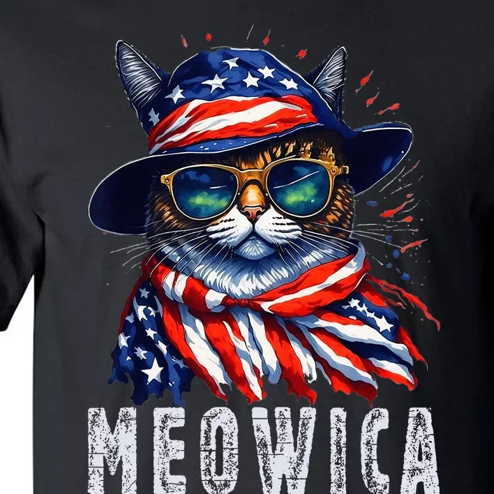 MEOWICA Cat 4th July Sunglasses Merica Cat American Flag Tall T-Shirt