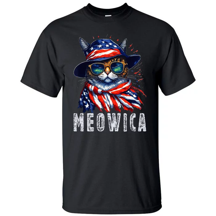 MEOWICA Cat 4th July Sunglasses Merica Cat American Flag Tall T-Shirt