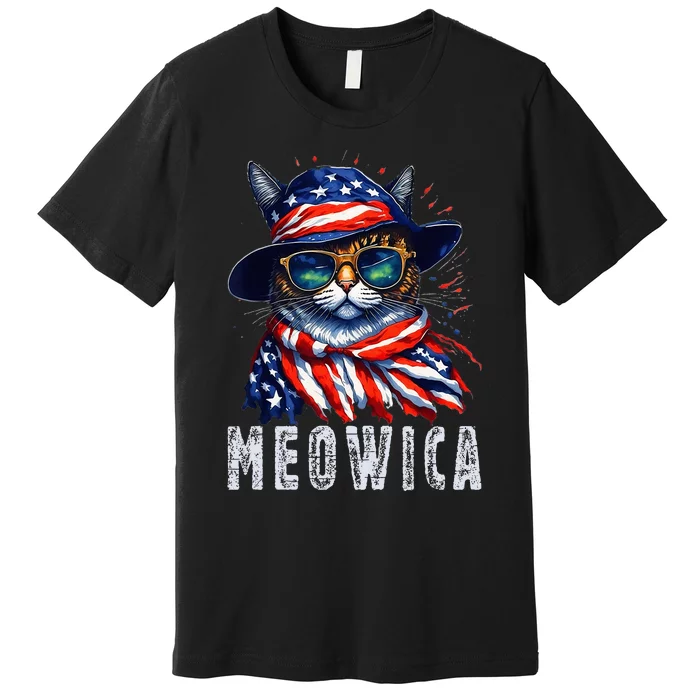 MEOWICA Cat 4th July Sunglasses Merica Cat American Flag Premium T-Shirt