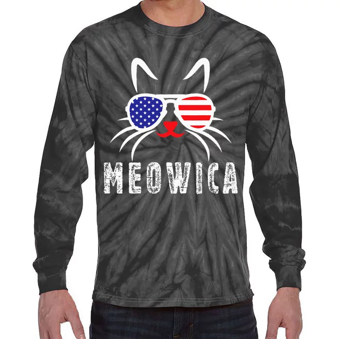 MEOWICA Cat 4th July Sunglasses Merica Cat American Flag Tie-Dye Long Sleeve Shirt