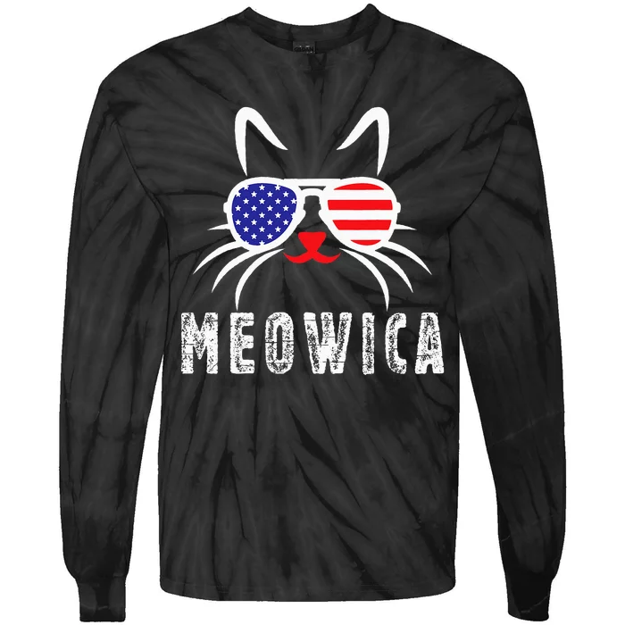 MEOWICA Cat 4th July Sunglasses Merica Cat American Flag Tie-Dye Long Sleeve Shirt