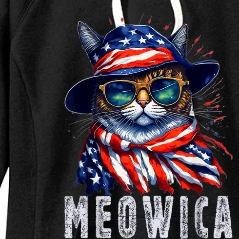 MEOWICA Cat 4th July Sunglasses Merica Cat American Flag Women's Fleece Hoodie