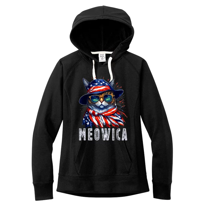 MEOWICA Cat 4th July Sunglasses Merica Cat American Flag Women's Fleece Hoodie