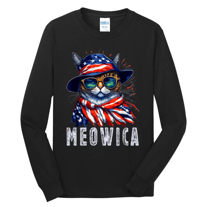 MEOWICA Cat 4th July Sunglasses Merica Cat American Flag Tall Long Sleeve T-Shirt