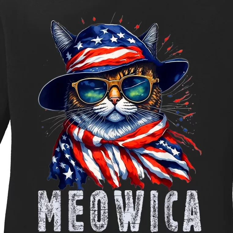 MEOWICA Cat 4th July Sunglasses Merica Cat American Flag Ladies Long Sleeve Shirt