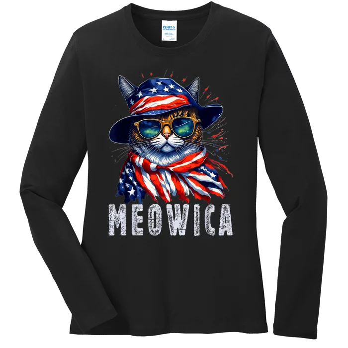 MEOWICA Cat 4th July Sunglasses Merica Cat American Flag Ladies Long Sleeve Shirt